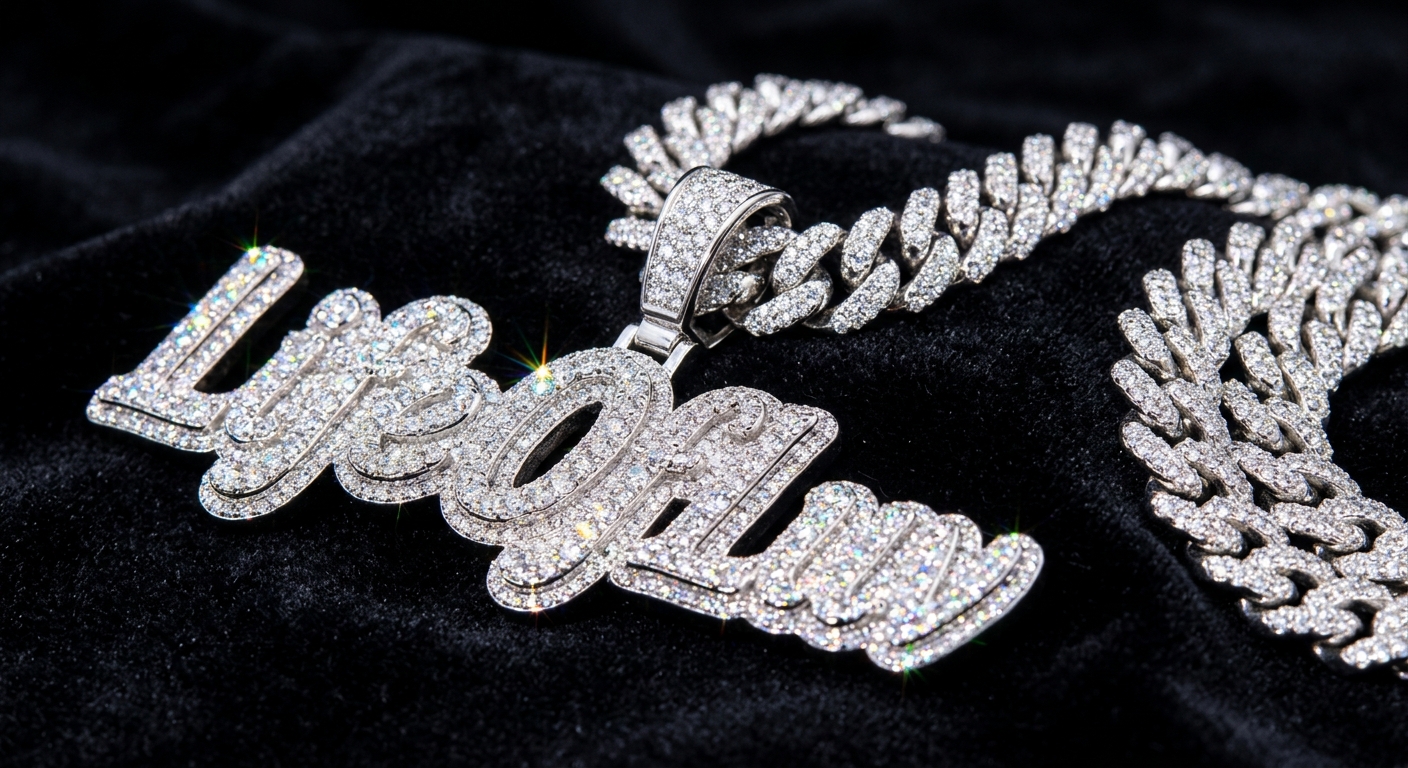 Iced-out LifeOfLuv pendant resting on black velvet